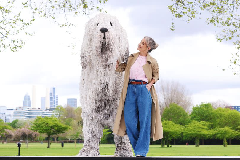 Helen Skelton was spotted strolling through Battersea Park with animatronic 'dog', Mop, measuring two metres high and three metres long
