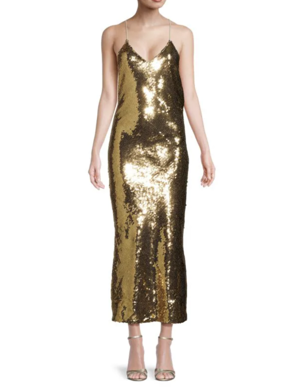 model wearing gold Shelly Sequin Midi Dress (Photo via Saks Off Fifth)