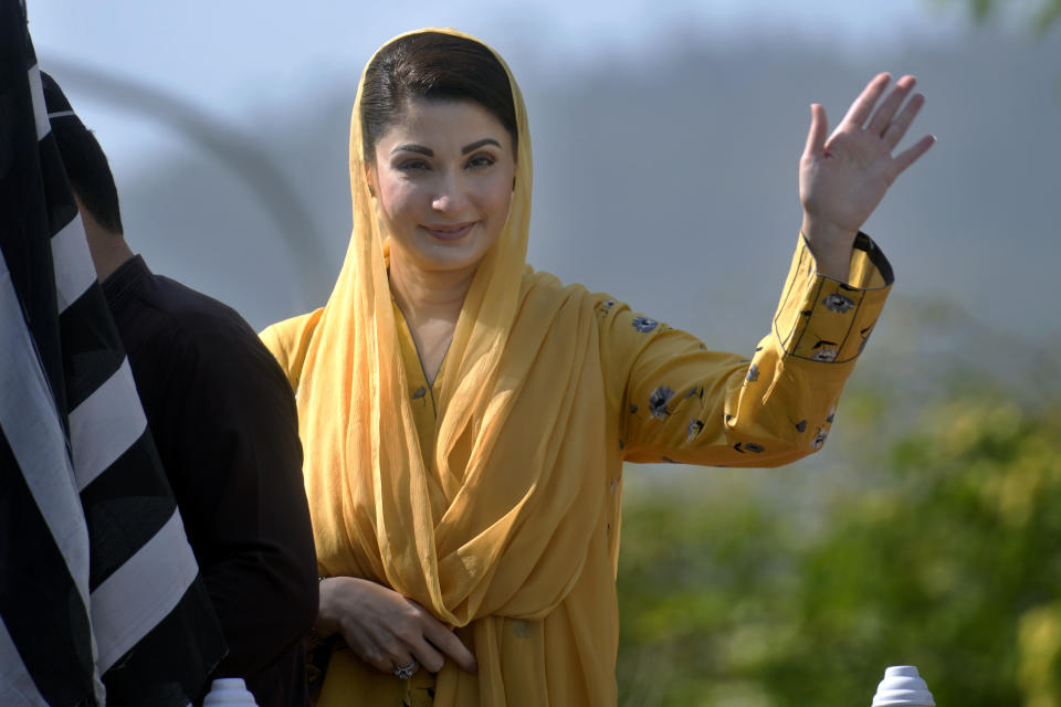 Maryam Nawaz, a leader of Pakistan Democratic Alliance, waves to supporters during a protest outside the Supreme Court, in Islamabad, Pakistan, Monday, May 15, 2023. Thousands of Pakistani government supporters converged on the country's Supreme Court, in a rare challenge to the nation's judiciary. Protesters demanded the resignation of the chief justice over ordering the release of former Prime Minister Imran Khan. (AP Photo/Anjum Naveed)