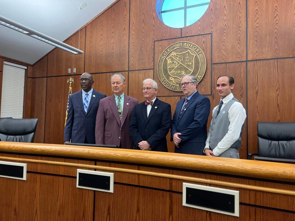 Beaufort’s City Council posed for a photo after new Mayor Phil Cromer was sworn in. Left to right are: Mitch Mitchell, Mike McFee, Cromer, Neil Lipsitz and Josh Scallate