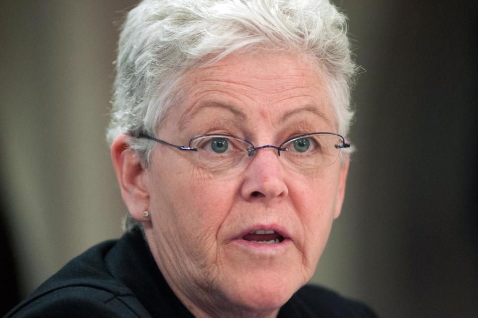 FILE - In this Feb. 28, 2014, file photo, EPA Administrator Gina McCarthy discusses proposed regulations with coal industry leaders at Dakota Gasification Synfuels Plant in Beulah, N.D. In a long-expected skirmish, House Republicans are moving to block President Barack Obama’s plan to limit carbon pollution from new power plants. McCarthy and other officials have said the proposed rule _ the first of two major regulations aimed at limiting carbon pollution from power plants _ is based on carbon reduction methods that are "technically feasible" and under development in at least four sites. (AP Photo/Kevin Cederstrom, file)