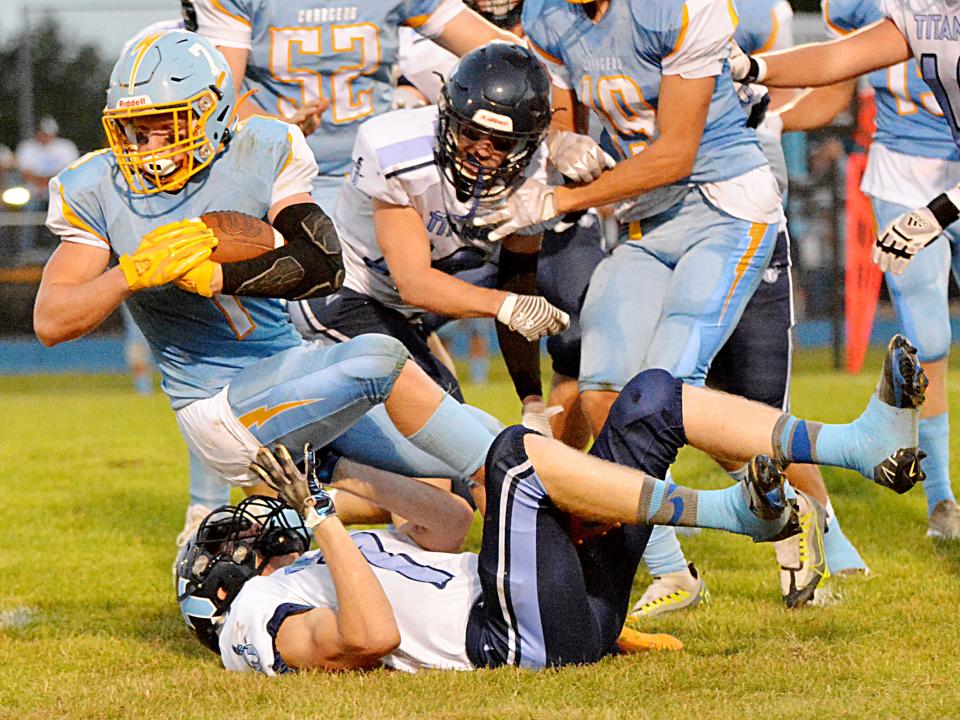 Hamlin's Luke Fraser (7) is brought down by Leola-Frederick Area's Johnathan Bretsch during their high school football game on Friday, Sept. 16, 2022 in Hayti.