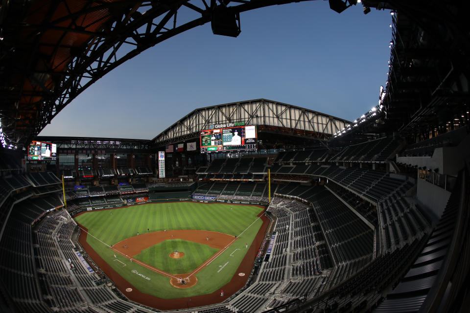 ARLINGTON, TEXAS - SEPTEMBER 11:  A general view of play between the Oakland Athletics and the Texas Rangers at Globe Life Field on September 11, 2020 in Arlington, Texas. (Photo by Ronald Martinez/Getty Images)