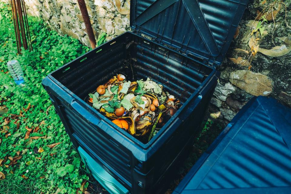 compost bin with organic waste in the garden next to the stone wall organic farming and healthy lifestyle concept