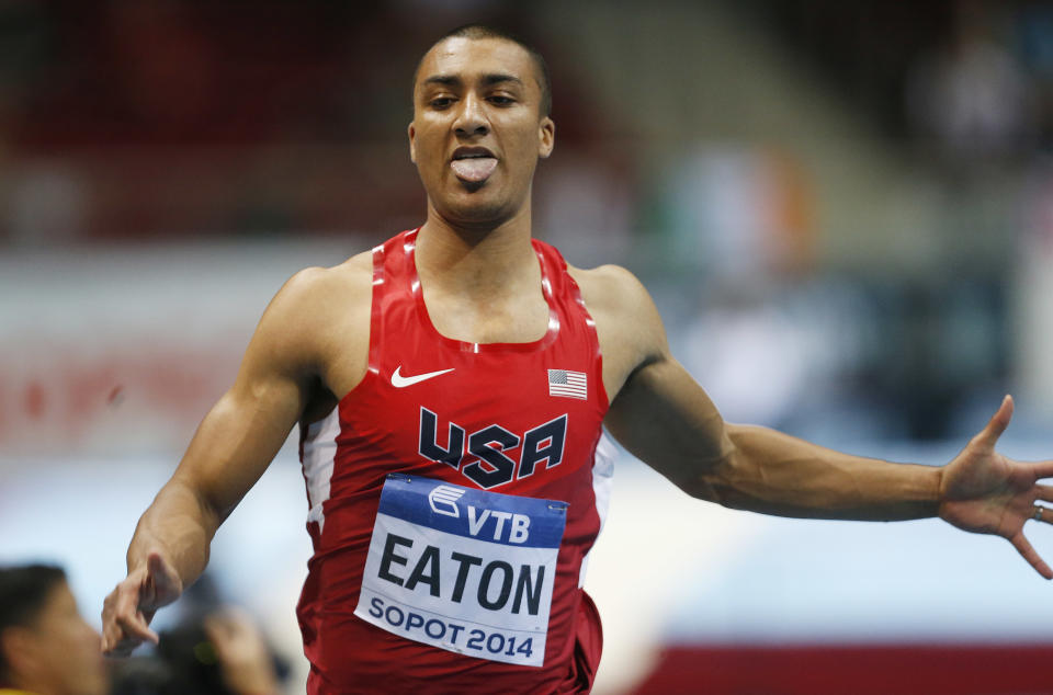 United States' Ashton Eaton competes in the 60m race of the Men's Heptathlon during the Athletics World Indoor Championships in Sopot, Poland, Friday, March 7, 2014. (AP Photo/Petr David Josek)