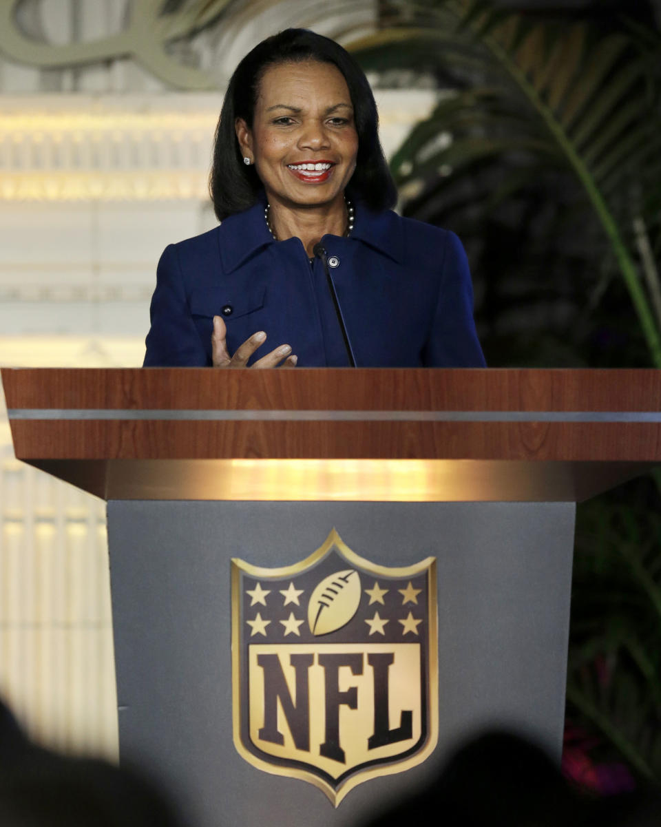 FILE- In this Feb. 4, 2016, file photo former U.S. Secretary of State Condoleezza Rice gestures while speaking at the NFL Women's Summit in San Francisco. Cleveland Browns general manager John Dorsey says the team has not discussed Rice as a candidate for its coaching vacancy. Rice is an avid Browns fan and has visited the team's headquarters on numerous occasions in recent years. (AP Photo/Ben Margot, File)