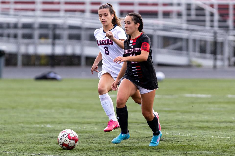 Durfee’s Amilia Dias moves the ball downfield on Tuesday against Apponequet. 