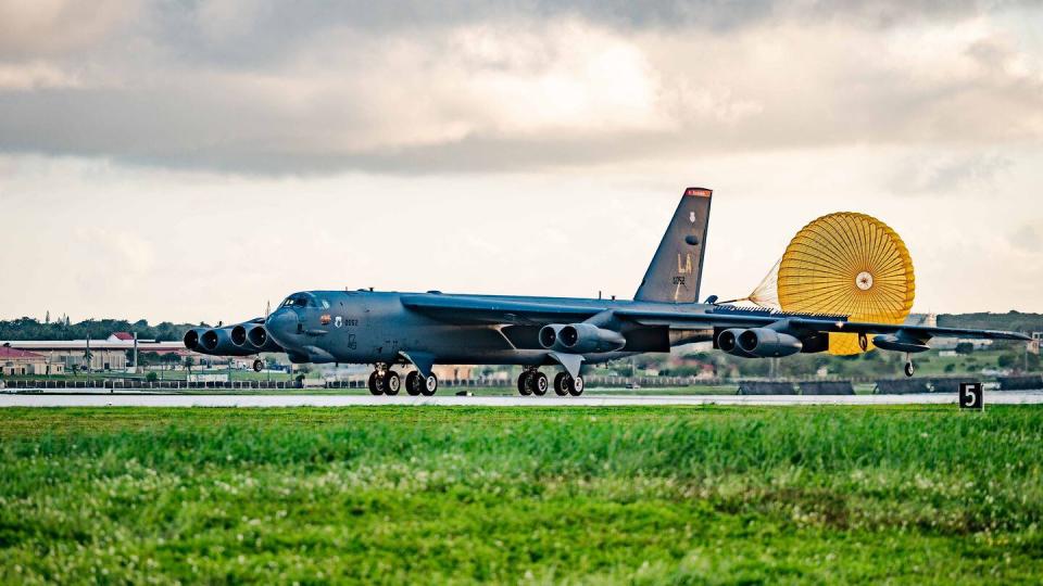 A B-52 Stratofortress assigned to the 2nd Bomb Wing at Barksdale Air Force Base, La., lands at Andersen Air Force Base, Guam, on April 11, 2023. (Airman 1st Class William Pugh/U.S. Air Force)