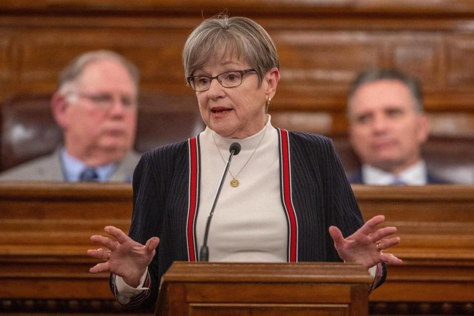 Kansas Governor Laura Kelly speaks during the State of the State address at the Kansas State Capital on Wednesday, Jan. 10, 2024, in Topeka, Kansas.