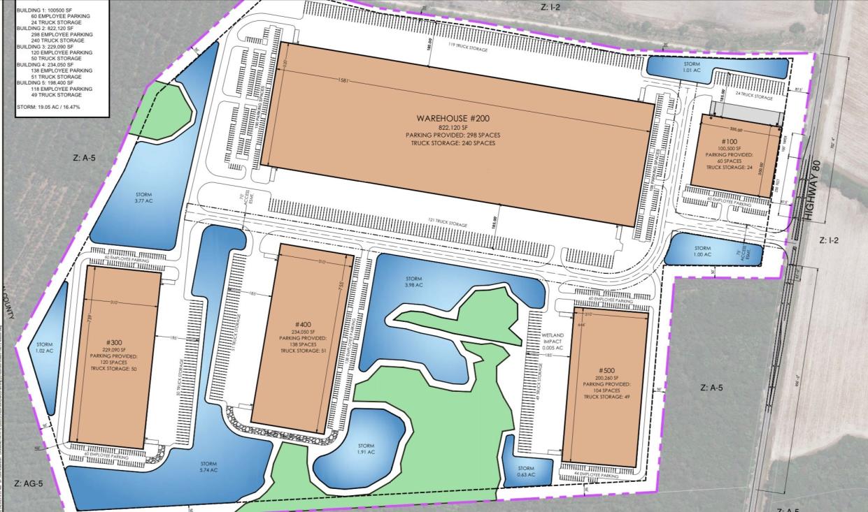 The rendering shows the proposed buildout of five warehouses on Highway 80 in Ellabell.