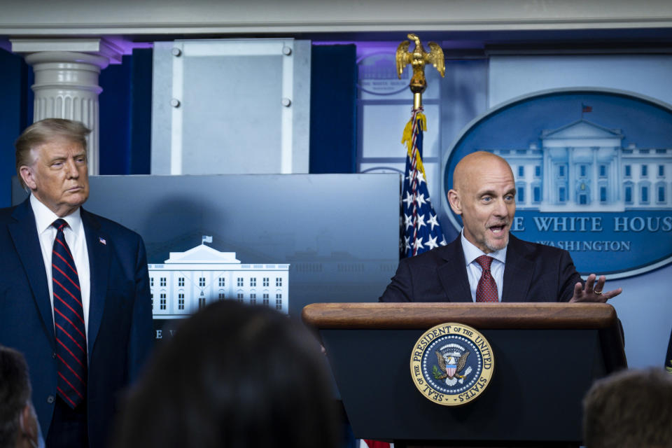 WASHINGTON, DC - AUGUST 23: President Donald Trump looks on as FDA Commissioner Stephen Hahn addresses the media during a press conference in James S. Brady Briefing Room at the White House on on August 23, 2020 in Washington, DC. President Donald Trump announced that the Food and Drug Administration is issuing an emergency authorization for blood plasma as a coronavirus treatment The move by the FDA comes after President Trump accused the FDA of slow-walking the therapy to harm his reelection chances.(Photo by Pete Marovich/Getty Images)