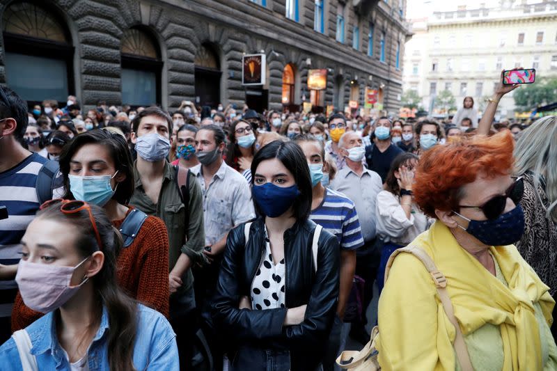 People attend a protest in support of the students of the University of Theatre and Film Arts during their blockade in Budapest