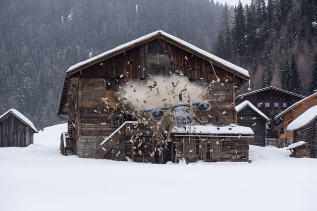 Bond's plane crashes through the barn in Metro-Goldwyn-Mayer Pictures/Columbia Pictures/EON Productionsâ€™ action adventure SPECTRE.â€¨â€¨Obertilliach, Austria