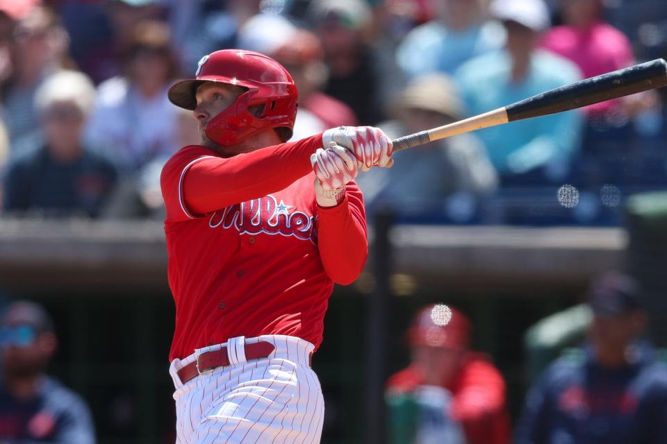 Rhys Hoskins hits a home run against the Boston Red Sox on May 19, 2023.