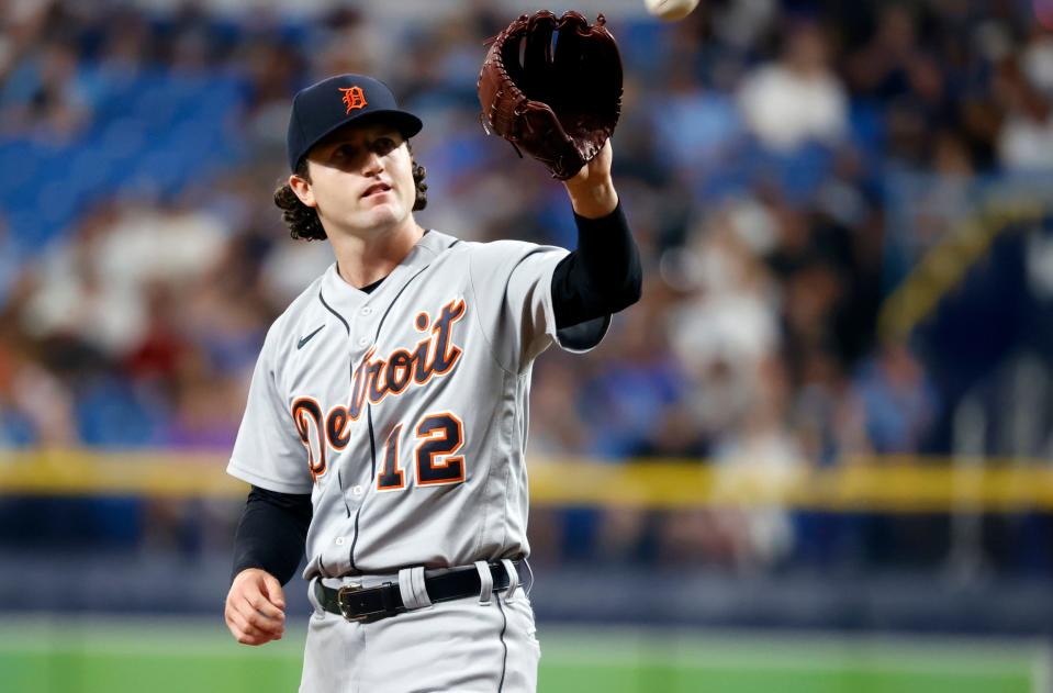 Detroit Tigers starting pitcher Casey Mize (12) looks on during the second inning Sept. 17, 2021 against the Tampa Bay Rays at Tropicana Field.