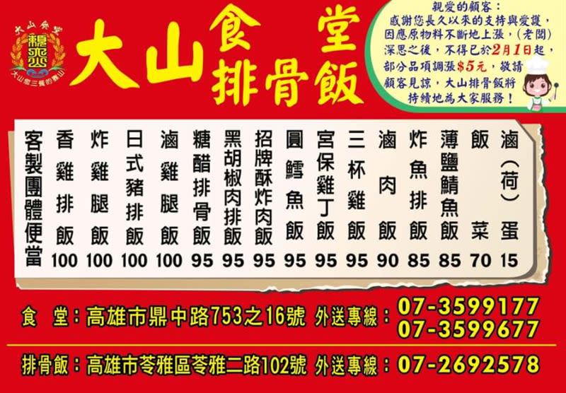 該名網友分享的便當主菜為糖醋排骨。（圖／翻攝自大山排骨飯（苓雅總店）臉書）