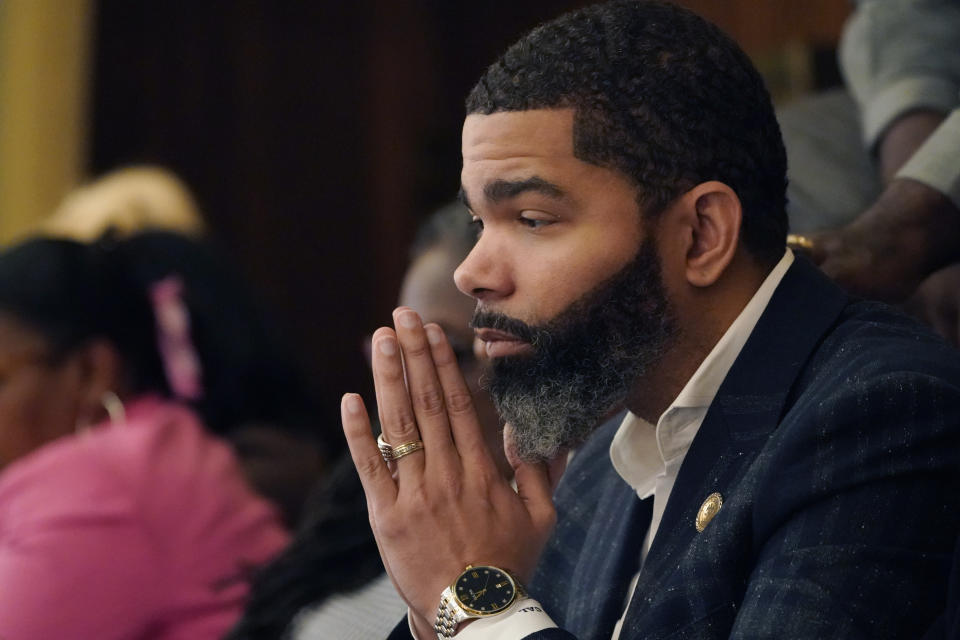 Jackson Mayor Chokwe Antar Lumumba watches on Feb. 7, 2023, at the state Capitol in Jackson, Miss., as lawmakers debate a bill that would expand the patrol territory for the state-run Capitol Police and create a court system with appointed rather than elected judges. People in Mississippi's majority-Black capital city say the mostly white state Legislature is trying to encroach on their rights of self-government. (AP Photo/Rogelio V. Solis)