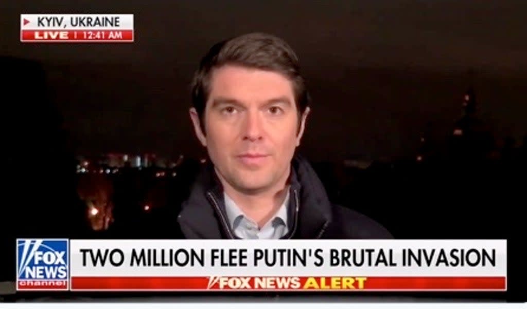 Fox News correspondent Benjamin Hall is seen reporting from Ukraine  (Fox News )