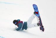 Australia's Kent Callister crashes during the men's snowboard halfpipe qualification round at the 2014 Sochi Winter Olympic Games in Rosa Khutor February 11, 2014. REUTERS/Lucas Jackson (RUSSIA - Tags: SPORT OLYMPICS SPORT SNOWBOARDING)
