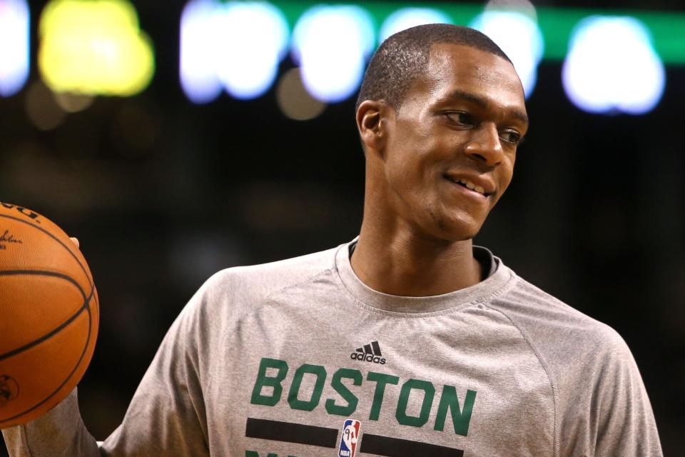 BOSTON, MA - NOVEMBER 05:  Rajon Rondo #9 of the Boston Celtics looks on during warm ups prior to a game against the Toronto Raptors at TD Garden on November 5, 2014 in Boston, Massachusetts. NOTE TO USER: User expressly acknowledges and agrees that, by downloading and or using this photograph, User is consenting to the terms and conditions of the Getty Images License Agreement.  (Photo by Mike Lawrie/Getty Images)