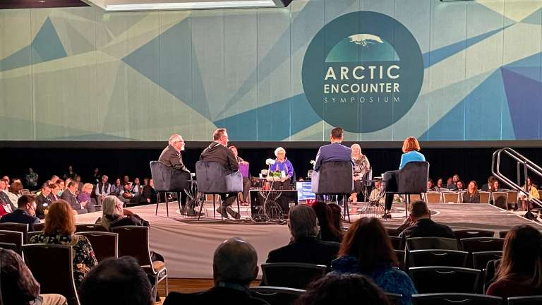 A panel on "Northern Indigenous Leadership: Our Future, Our Vision for Success," is held at the Arctic Encounter Symposium on April 10, 2024, in Anchorage. (Photo by Joaqlin Estus/ICT)