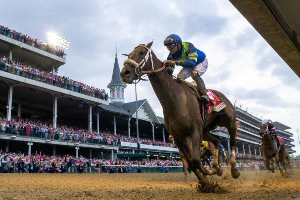 Secret Oath, with Luis Saez up, wins the 148th Kentucky Oaks at Churchill Downs last Friday.