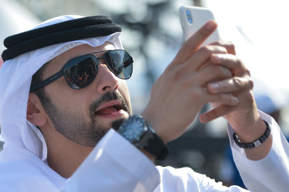 Sheikh Mansour Bin Mohammed Bin Rashid Al Maktoum seen at the finish line of Dubai Meraas Stage, the 132 km fifth and last stage of Dubai Tour 2018.
