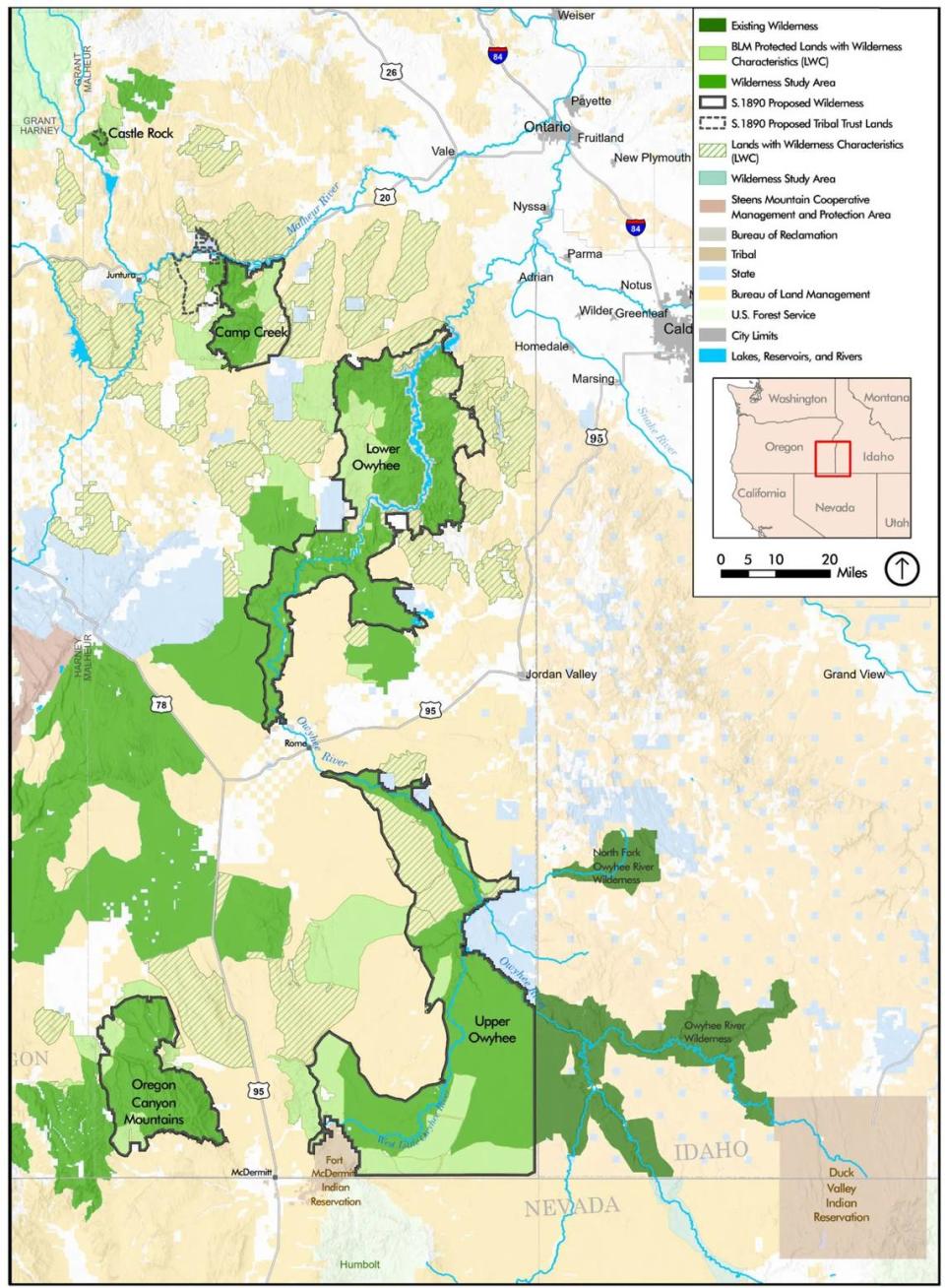 A map outlines the different types of land designations within the Owyhees, which lies