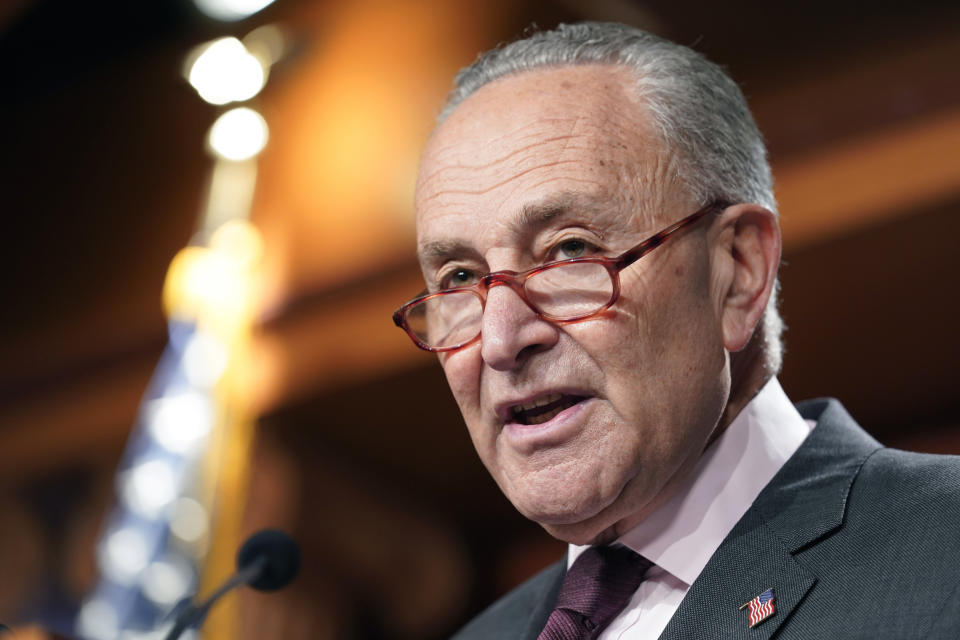 FILE - Senate Majority Leader Chuck Schumer of N.Y., speaks during a news conference Friday, Aug. 5, 2022, at the Capitol Hill in Washington. The Senate parliamentarian narrowed Democrats' plan for curbing drug prices but left it largely unscathed Saturday, Democrats said, as party leaders prepared to start moving their sprawling economic bill through the chamber. (AP Photo/Mariam Zuhaib, File)