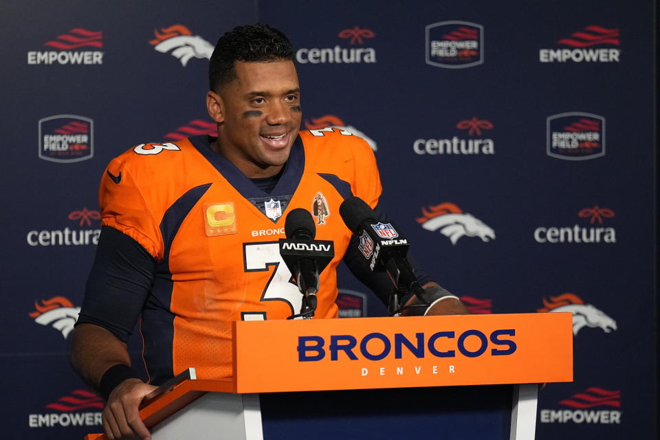 Denver Broncos quarterback Russell Wilson talks during a news conference following a win over the Kansas City Chiefs in an NFL football game Sunday, Oct. 29, 2023, in Denver. (AP Photo/Jack Dempsey)