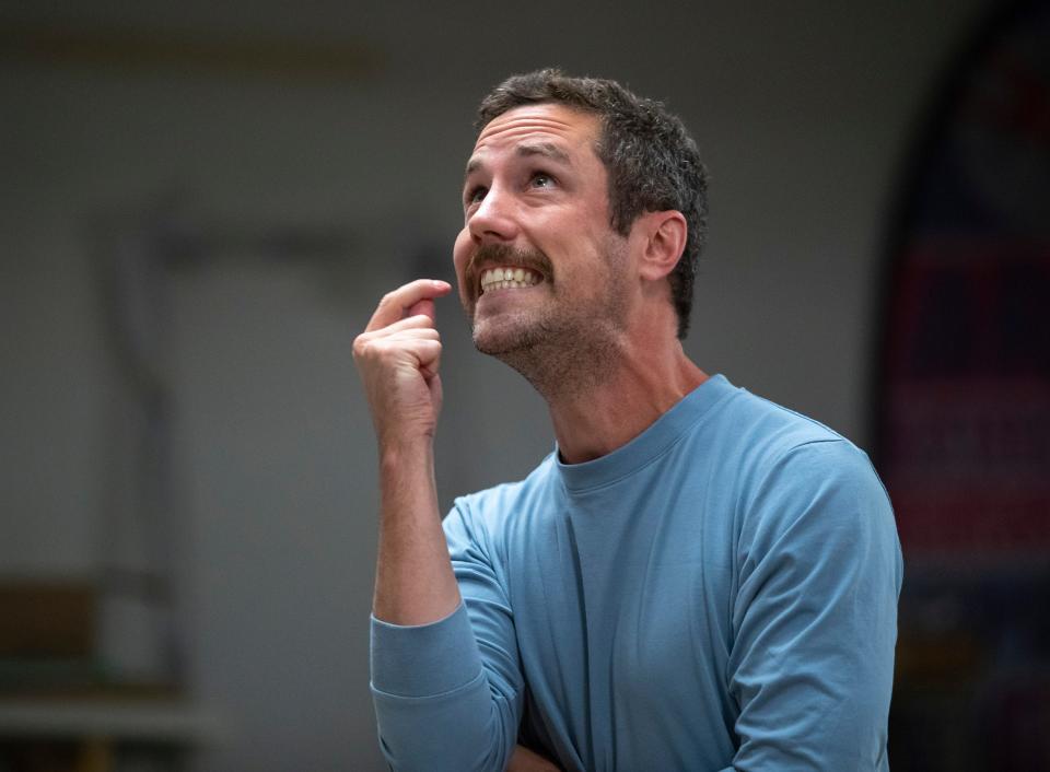 Actor John Corr recites an emotionally driven monologue by the character Franz Kafka during a rehearsal for "Kafka's Joke" at Desert Art Center in Palm Springs, Calif., Thursday, March 2, 2023. 