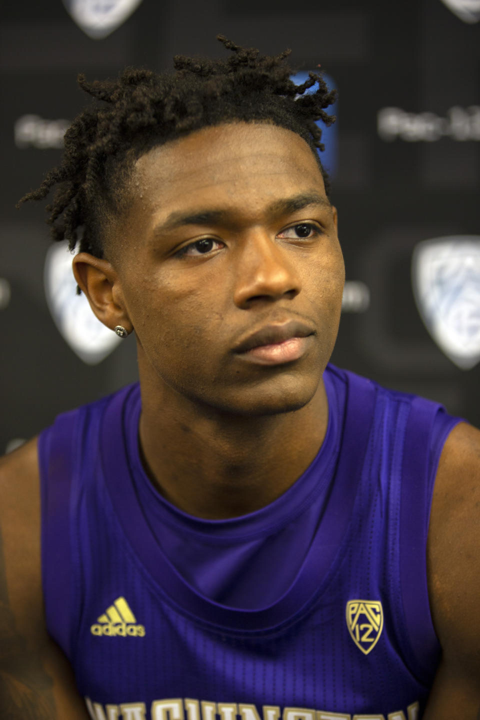 Washington's Nahziah Carter speaks during the Pac-12 NCAA college basketball media day Tuesday, Oct. 8, 2019 in San Francisco. (AP Photo/D. Ross Cameron)