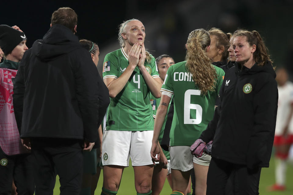 Ireland's Louise Quinn reacts after the Women's World Cup Group B soccer match between Canada and Ireland in Perth, Australia, Wednesday, July 26, 2023. Canada won the match 2-1. (AP Photo/Gary Day)