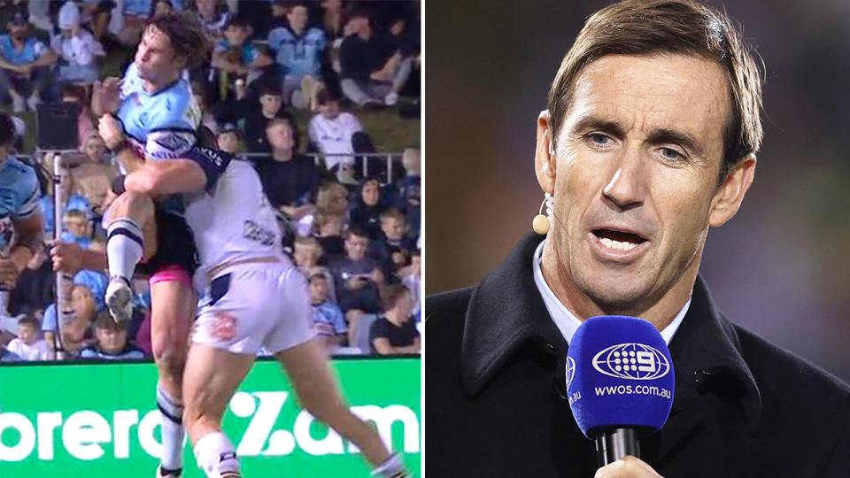 NRL great Andrew Johns was among those to hit out over an incident involving a tackle on Nicho Hynes. Pic: Fox League/Getty