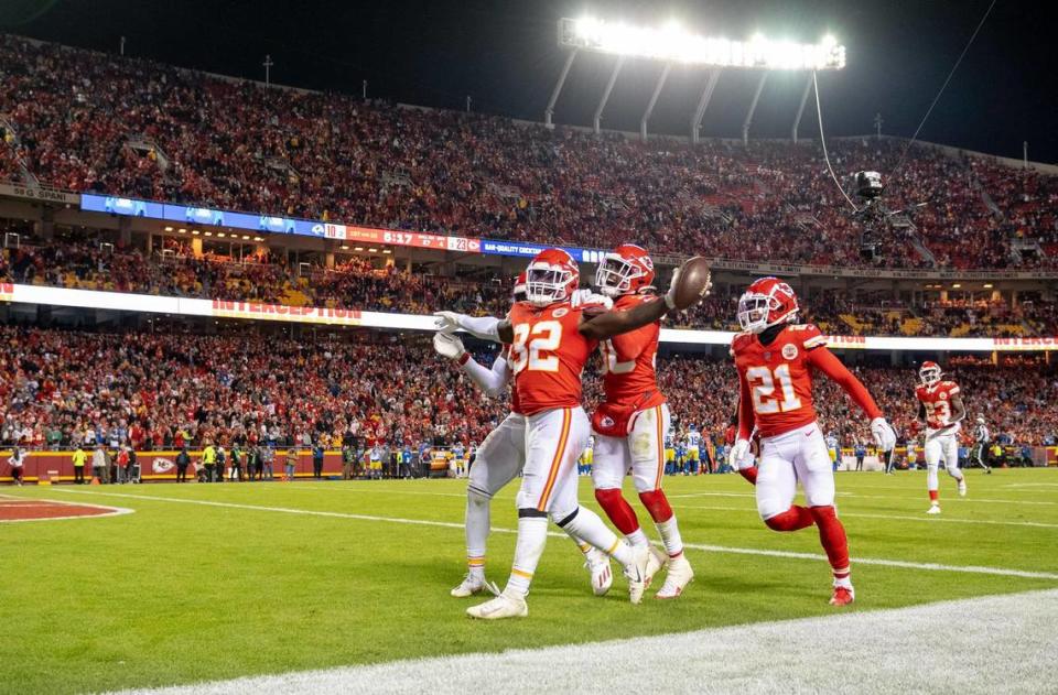 Kansas City Chiefs linebacker Nick Bolton (32) celebrates an interception with teammates during an NFL football game against the Los Angeles Rams at Arrowhead Stadium on Sunday, Nov. 27, 2022 in Kansas City.