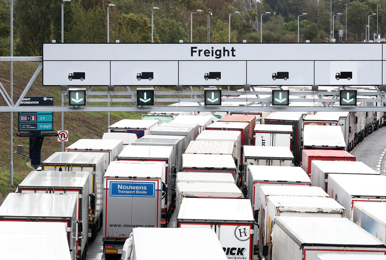 A view of lorries queuing for Eurotunnel in Folkestone, Kent, as the government develops the 27-acre site near Ashford into a post-Brexit lorry park as it gears up to leave the EU at the end of the year. (Photo by Gareth Fuller/PA Images via Getty Images)