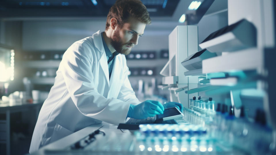 A laboratory technician in a lab coat uses a benchtop next generation sequencer.