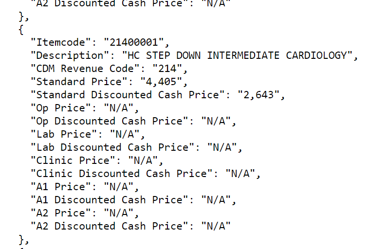 A screenshot of prices listed in a Json file on UC Health's website, revealing standard charges for procedures.