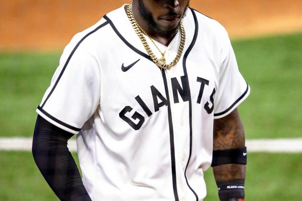 Miami Marlins outfielder Monte Harrison (4) wears a â€˜Miami Giant’ uniform to honor the 100th anniversary of the Negro League during a Major League Baseball game against the Atlanta Braves at Marlins Park in Miami, Florida on Sunday, August 16, 2020.