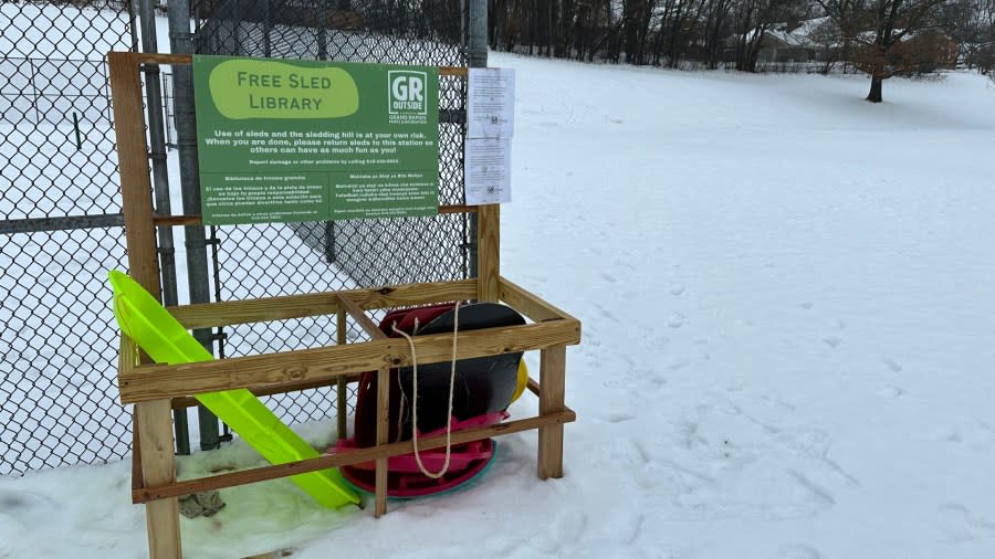 Some original and some donated sleds at the Free Sled Library at Mulick Park in Grand Rapids on Jan. 24. 2024.