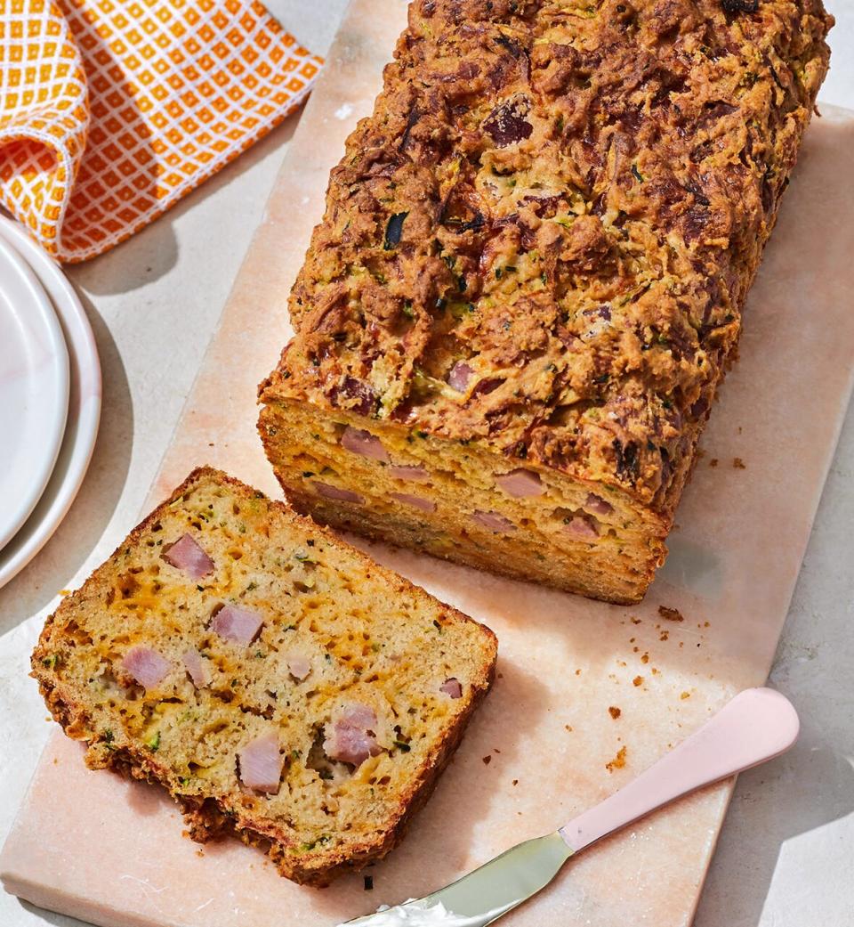 You can think of this bread as a twist on one of your kid's sandwiches: ham and cheddar, baked into a savory loaf. In the morning, all you need to do is slice and toast. One piece contains almost as much calcium as a cup of milk and, thanks to the grated zucchini, gets some veggies into your kid first thing.