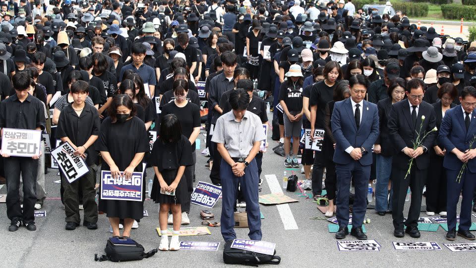 South Korean teachers on strike in the capital Seoul, wearing black in tribute to a teacher who died, on September 4, 2023. - Chung Sung-Jun/Getty Images