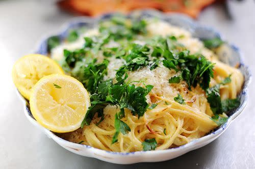 baked lemon pasta with parsley and lemons