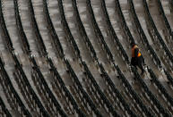 A man walks between empty chairs as rain has delayed the start of the fourth cricket test match between South Africa and England at the Wanderers stadium in Johannesburg, South Africa, Friday, Jan. 24, 2020. (AP Photo/Themba Hadebe)