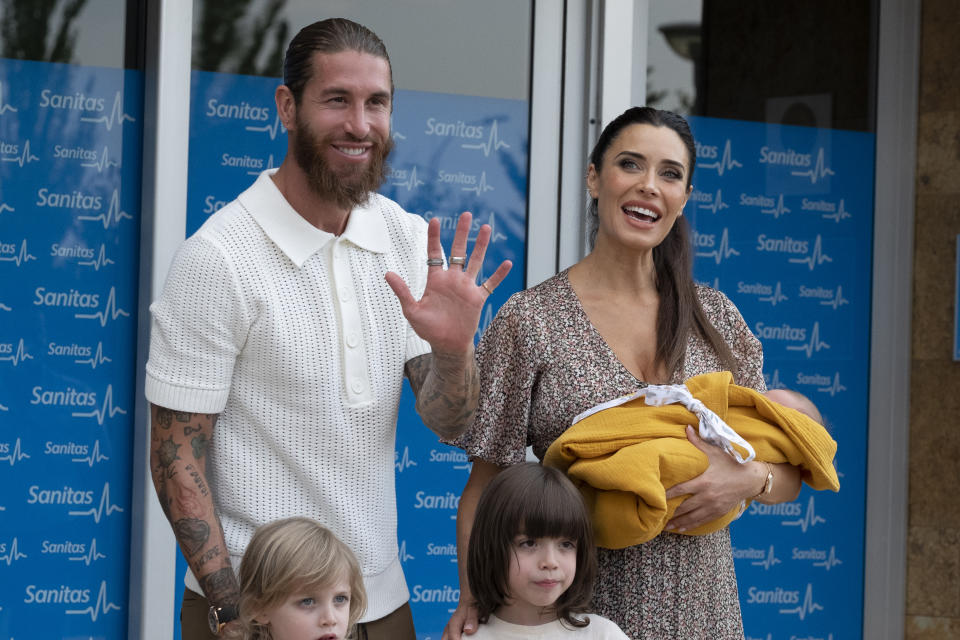 Real Madrid player Sergio Ramos and his wife Pilar Rubio present their new born child Maximo Adriano at La Moraleja Hospital on July 28, 2020 in Madrid, Spain. (Photo by Oscar Gonzalez/NurPhoto via Getty Images)