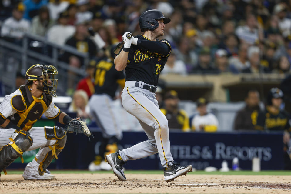 Pittsburgh Pirates' Josh VanMeter watches his single against the San Diego Padres during the fourth inning of a baseball game Saturday, May 28, 2022, in San Diego. (AP Photo/Mike McGinnis)