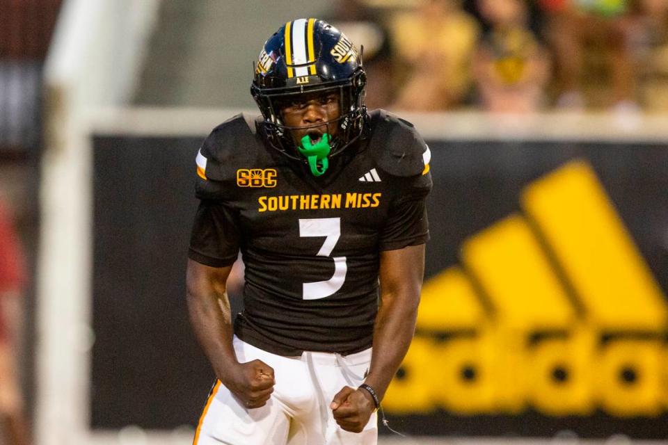 Southern Miss Golden Eagles running back Frank Gore Jr. (3) celebrates after scoring a touchdown during a game against Texas State at M.M. Roberts Stadium in Hattiesburg on Saturday, Sept. 30, 2023. Hannah Ruhoff/Sun Herald