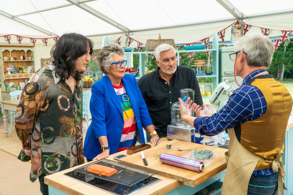 Contestant Rowan with host Noel Fielding and judges Prue Leith and Paul Hollywood on the new season of "The Great British Baking Show."