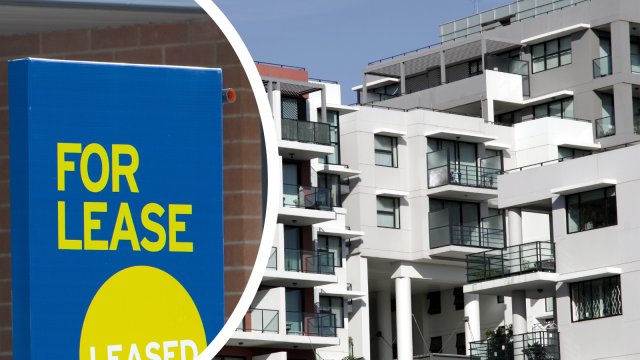 A composite image of a for rent sign and apartment in Zetland to represent the rent crisis.