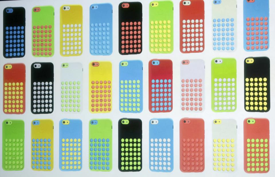 The five colors of the new iPhone 5C and the new cases for the phone are seen at Apple Inc's media event in Cupertino